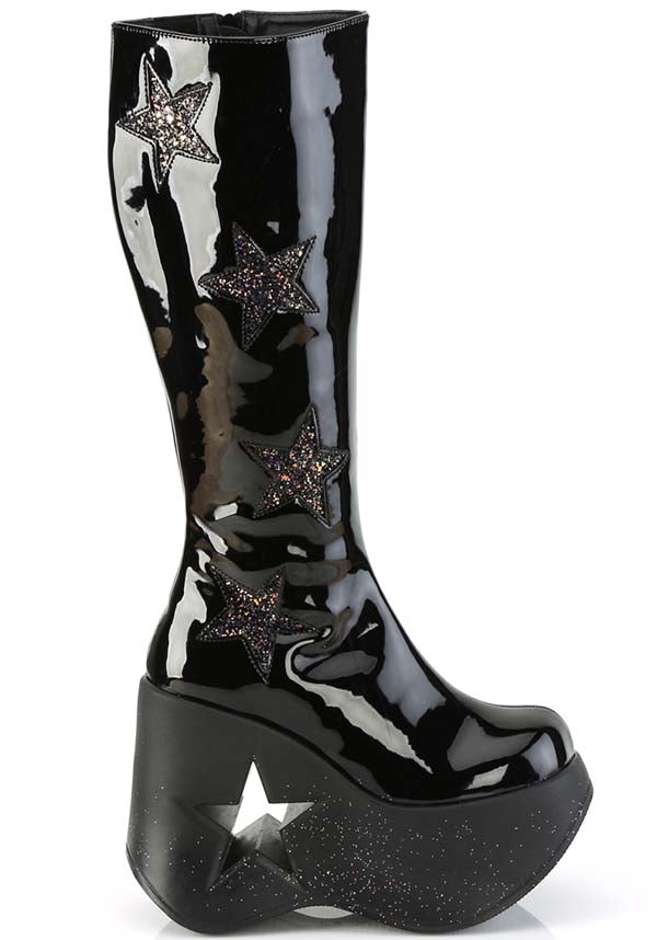 DYNAMITE-218 Patent Black Glitter Platform Boots - Preorder