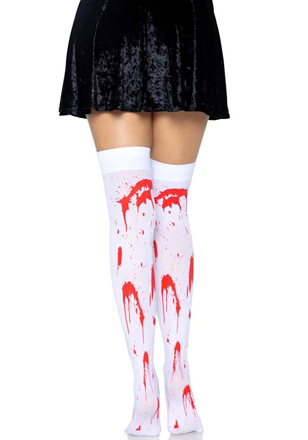 Leg Avenue Rhea Zombie Thigh-High Stockings in White and Red