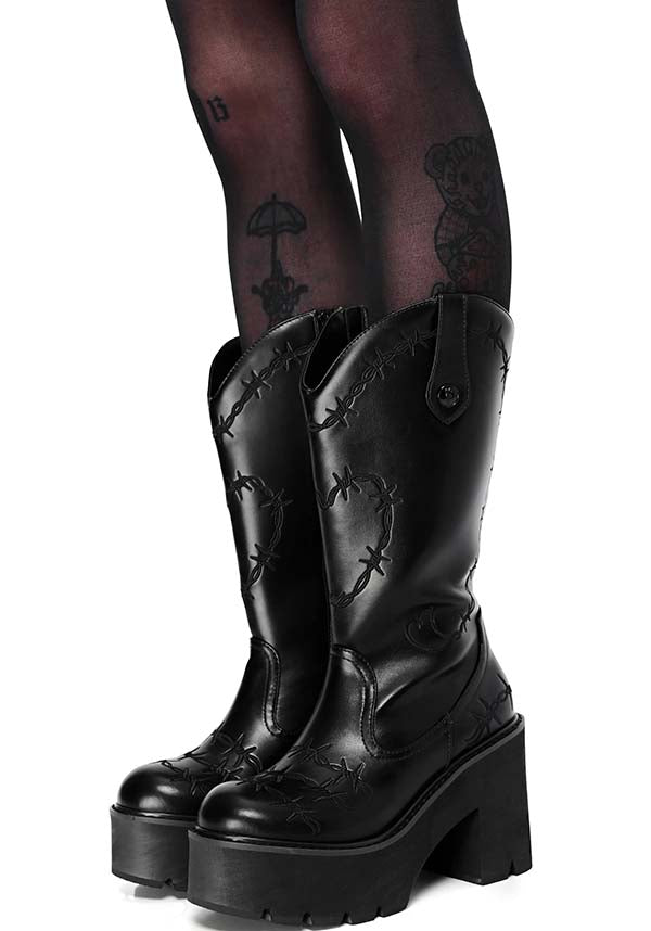 Platform Cowboy Boots with Custom Barbed Wire Artwork by Foxblood