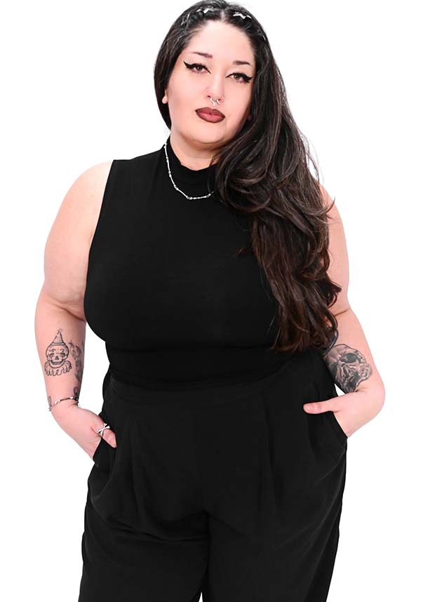 Black Mock Neck Sleeveless Stretchy Crop Top by Foxblood