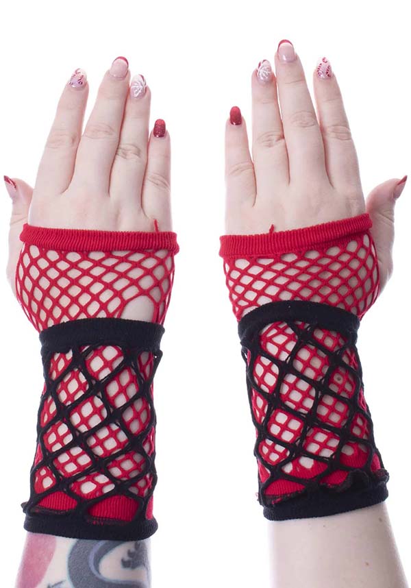 Poizen Industries Ruby Mesh Gloves in Red and Black for Alternative and Punk Fashion