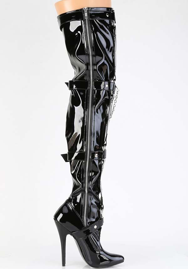 DOMINA-3027 Black Patent Leather Stretch Thigh High Boots - Preorder Available