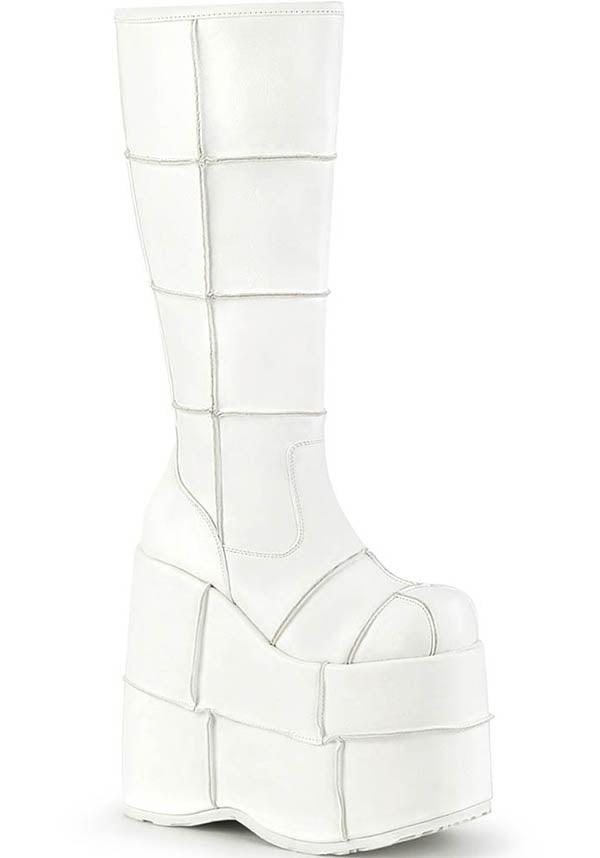 Demonia White Stack-301 Platform Knee-High Boots - Preorder