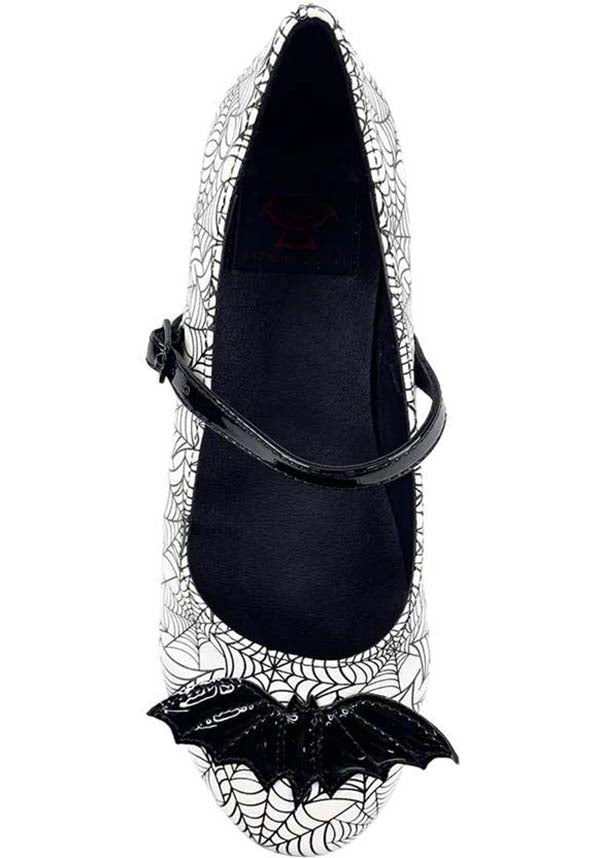 Strangecvlt White/Black Mary Jane Bat Spiderweb Flat Shoes for Alternative Fashion Lovers