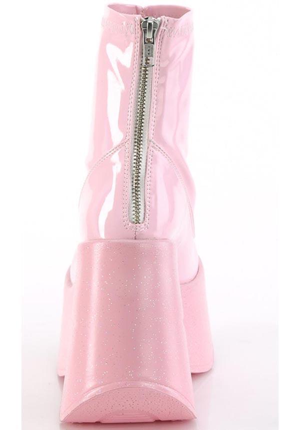 PREORDER - DYNAMITE-100 Baby Pink Stretch Holo Platform Wedge Ankle Boots