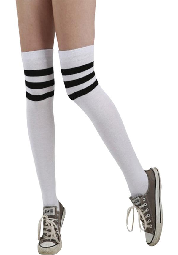 Stylish White/Black Referee Overknee Socks for Sports