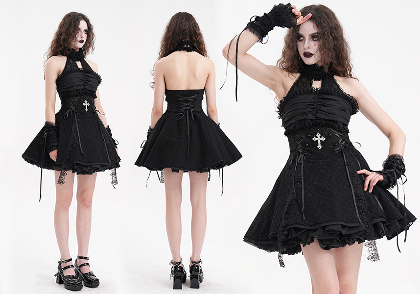 Enchanting Halter Ruffle Neck Cotton-Polyamide Dress - Unleash Your Inner Spooky Deity