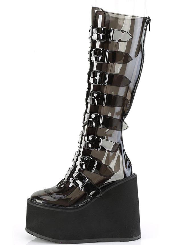 PREORDER - Demonia Swing-815C Platform Boots in Smoke TPU Color for Alternative Footwear Lovers