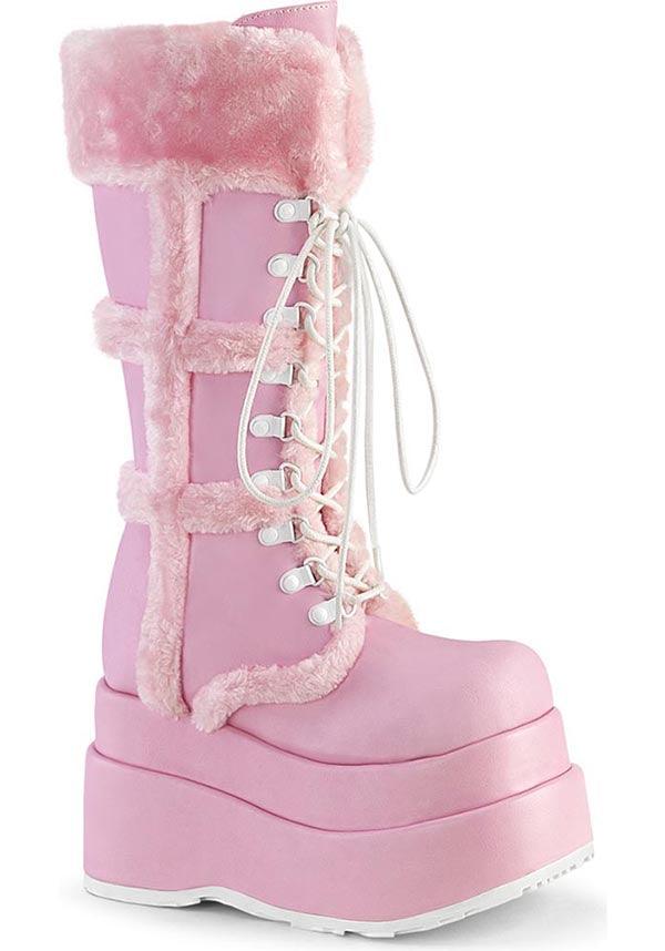BEAR-202 Preorder Platform Boots in Baby Pink Vegan Leather - Ideal Lace - Up Mid - Calf Boots for Fashion Enthusiasts