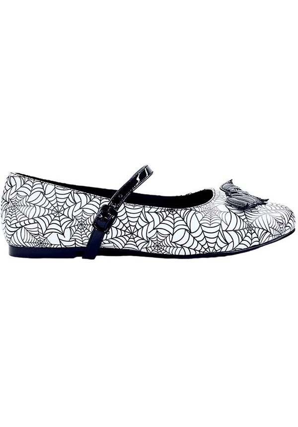 Strangecvlt White/Black Mary Jane Bat Spiderweb Flat Shoes for Alternative Fashion Lovers