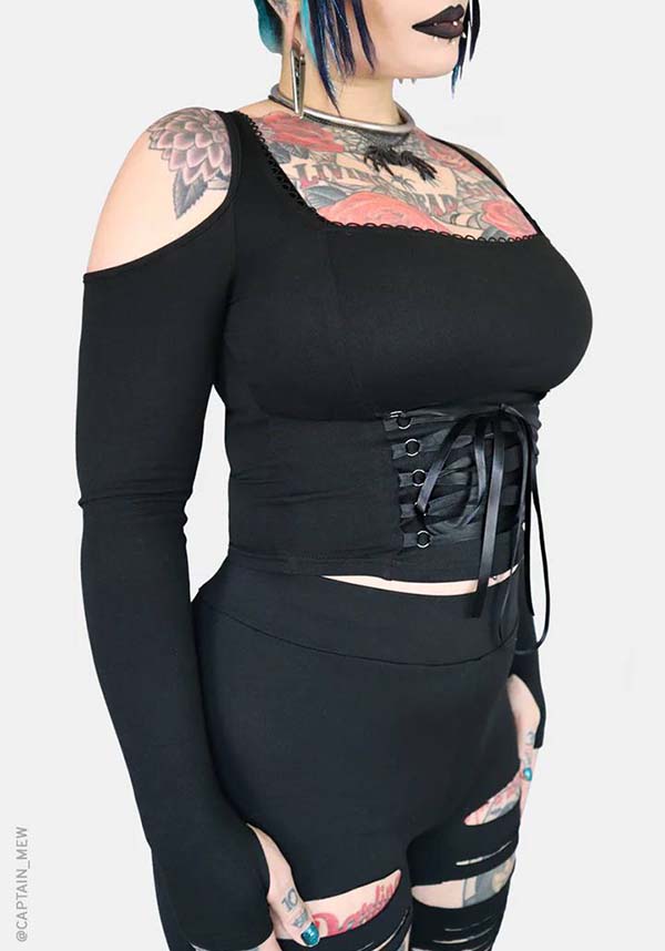 Minerva Cold Shoulder Top with Picot Trim and Corset Design