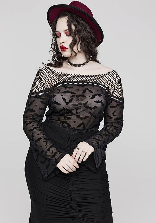 Gothic Bat Pattern Elasticated Mesh T-Shirt for Plus Sizes