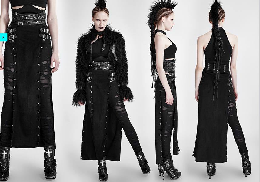 Punk Style High Waist Split Skirt with Leather Loop and Metal Buckle