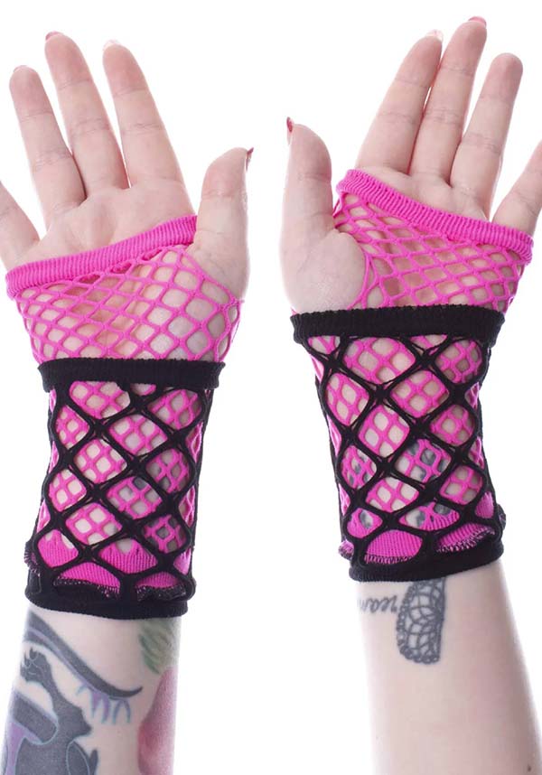 Poizen Industries Ruby Black/Pink Stretch Mesh Gloves for Fashion Edge