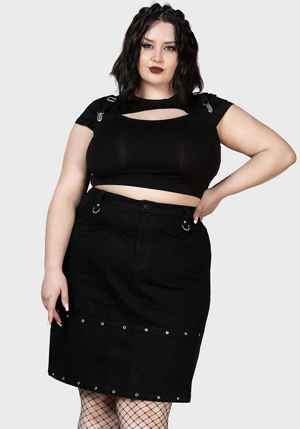 Punktured Denim Knee-Length Studded Fitted Skirt