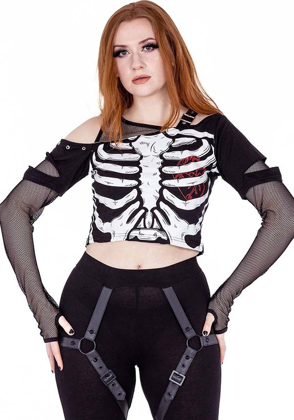 Poizen Industries Bare Bones Fashionable Crop Top with Attached Fishnet Sleeves