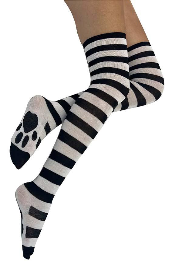 Stylish Striped Paw Print Design Over-the-Knee Fashion Socks