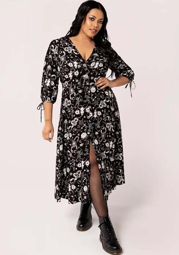 Hell Bunny Celestial Star Sign Printed Viscose Midi Dress for Fashion Lovers