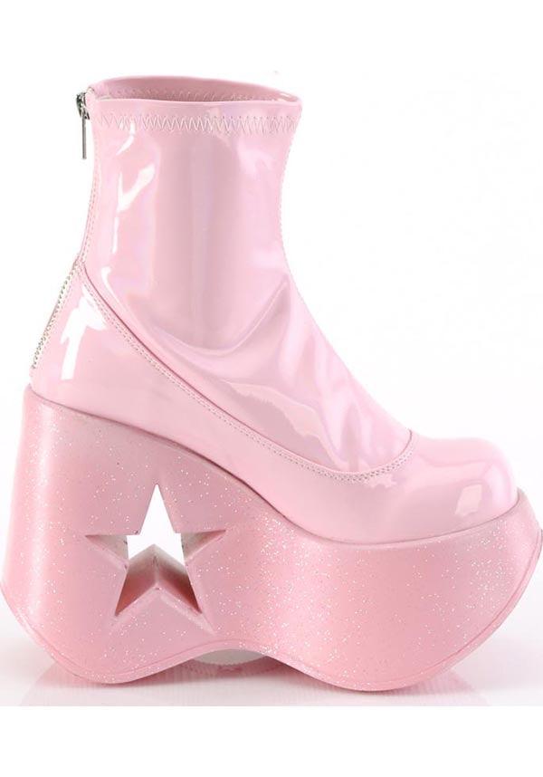PREORDER - DYNAMITE-100 Baby Pink Stretch Holo Platform Wedge Ankle Boots