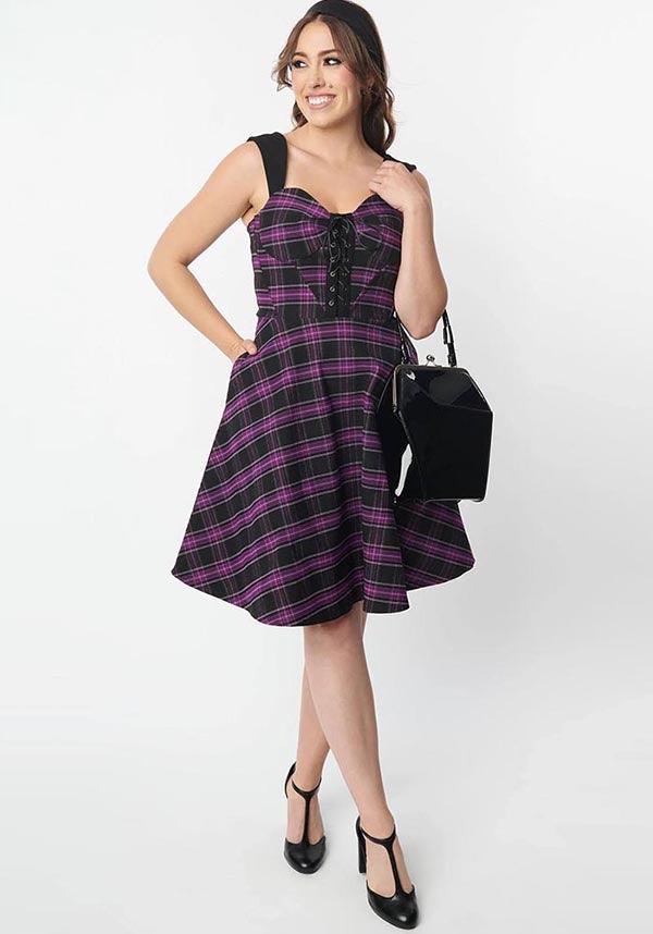 Purple Plaid Flare Style Women's Dress