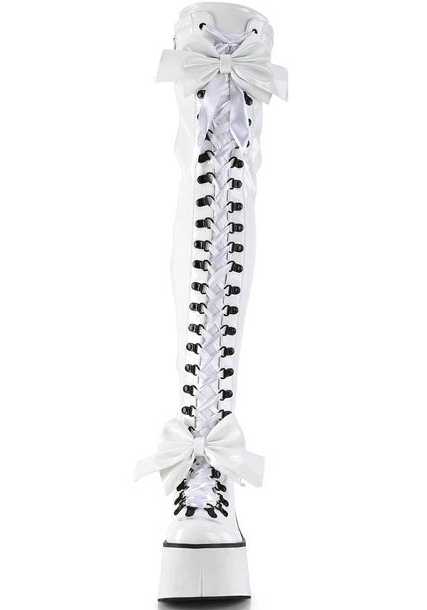 PREORDER - Demonia KERA-303 White Patent Platform Thigh High D-Ring Lace-Up Boots