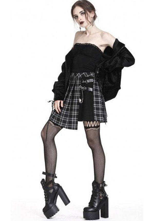 Black Tartan Grunge Style Irregular Hem Pleated Grid Skirt