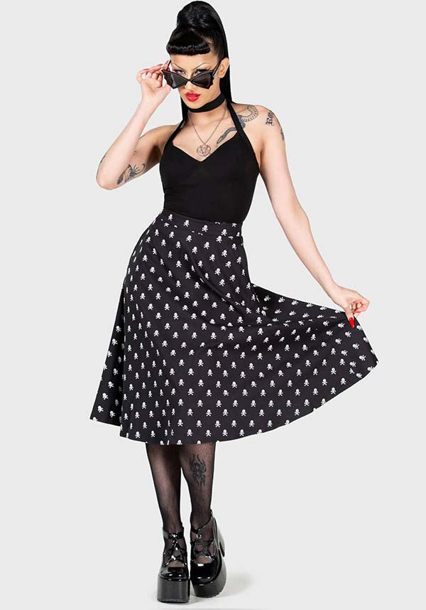Lay Dead MIDI Skirt with Striking Skull Print