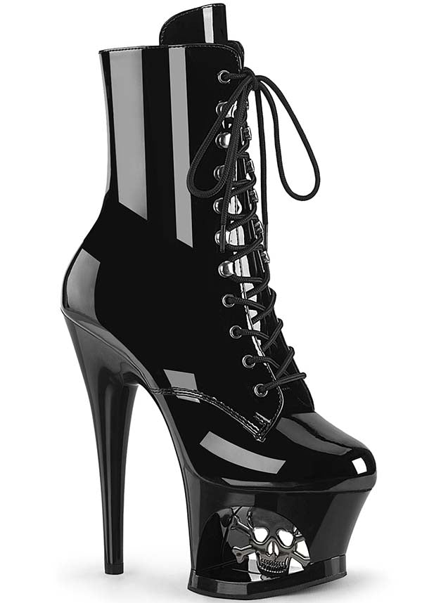 PREORDER - MOON-1020SK Black Patent Platform Ankle Lace-Up Boots
