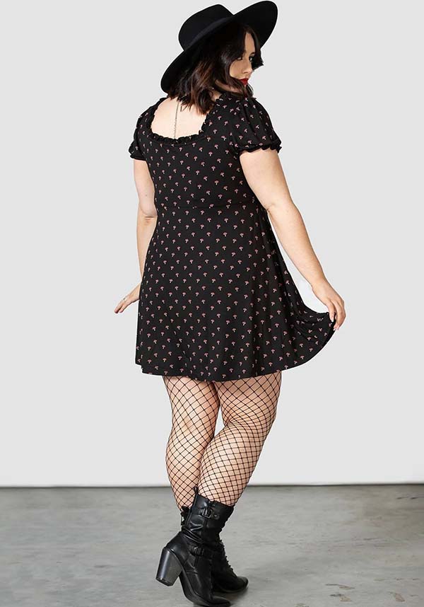 Poisonpie Mini Dress with Mushroom Print and Adjustable Neckline