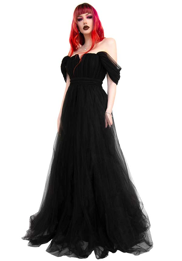 Elegant Black Swan Long Gown by Foxblood