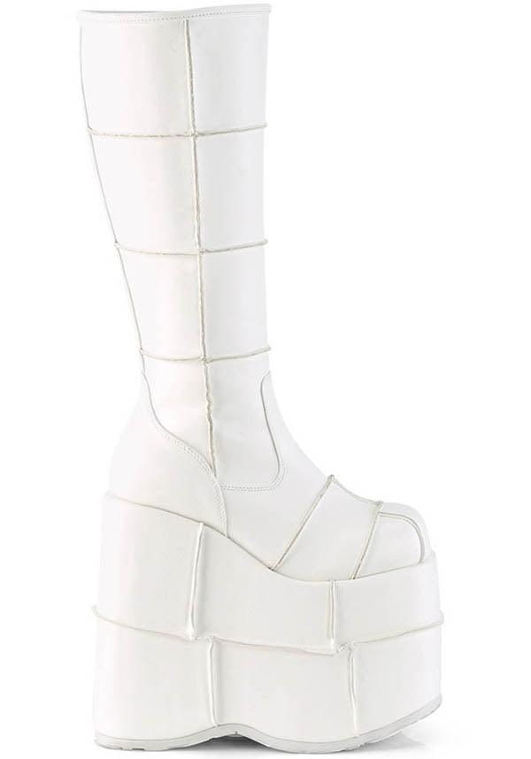 Demonia White Stack-301 Platform Knee-High Boots - Preorder