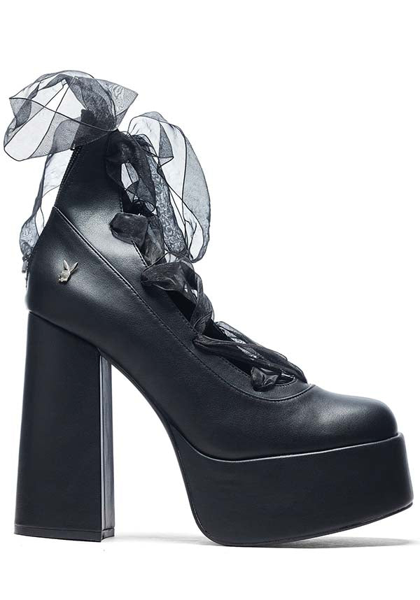 Playboy Black Vegan Leather Lace Up Mary Jane Heels for a Stunning Look
