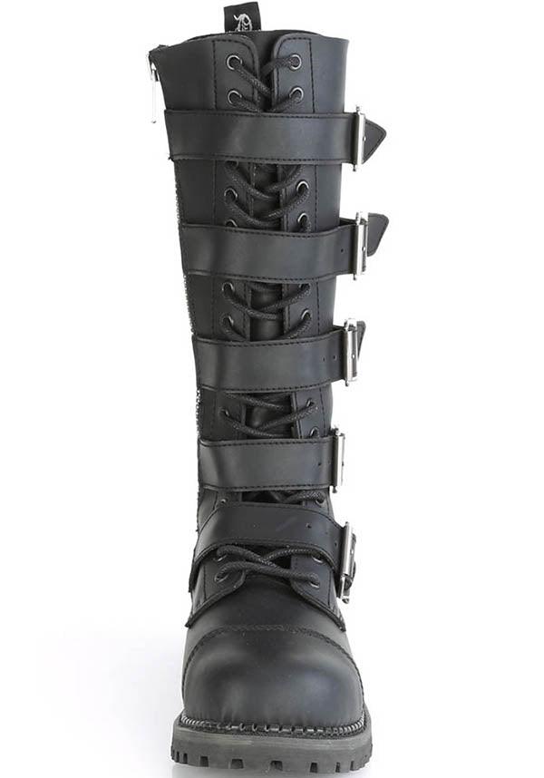 RIOT-18BK Pre-order: Gothic-Style Black Knee High Boots with Steel Toe and Vegan Leather