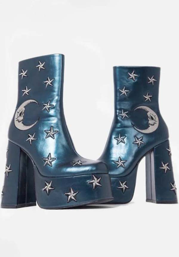 Enchanted Mooncraft Teal-Colored Heeled Chunky Ankle Boots for Women