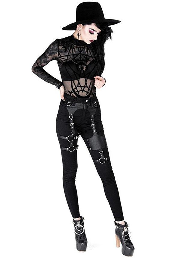 Black Gothic-Style Leather-Look Harness-Adorned High-Waisted Slim Fit Jeans