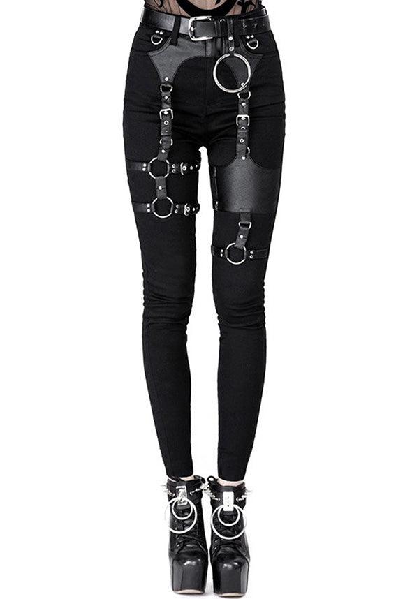 Black Gothic-Style Leather-Look Harness-Adorned High-Waisted Slim Fit Jeans