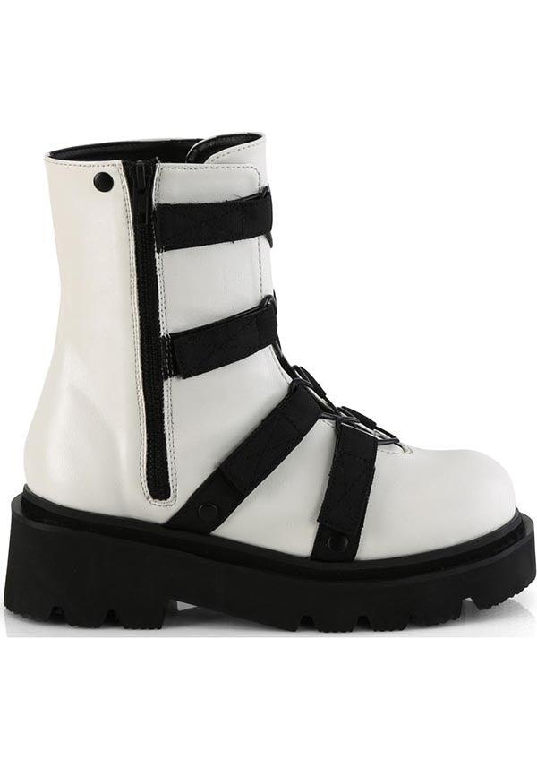 RENEGADE-50 White Vegan Leather and Nylon Strappy Ankle Boots - Preorder