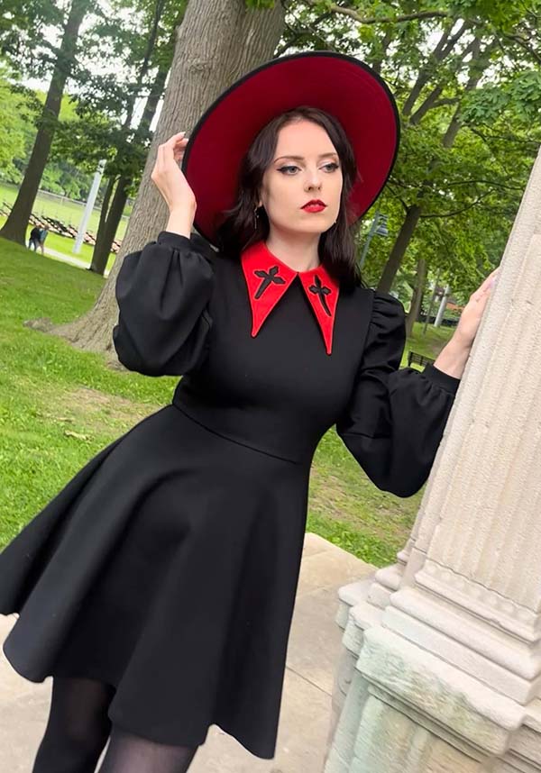 Katakomb's Red - Collared Baptism Black Dress for Cooler Months