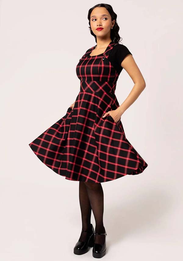 Hell Bunny Janine Black & Red Tartan Adjustable Pinafore Dress