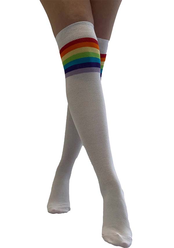 Referee Style Over-the-Knee Socks in White and Rainbow Colors