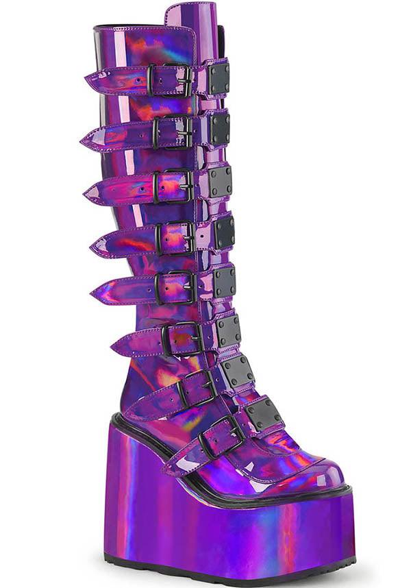 Demonia Swing-815 Purple Pattern Platform Knee-High Boots - Preorder