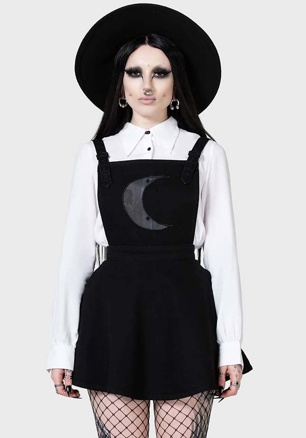 Luna Orb Soft Denim Pinafore Dress with Mesh Moon Design