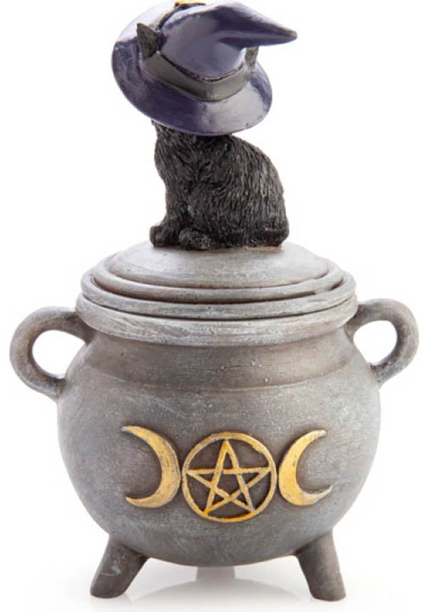 Black Cat Themed Magical Cauldron Trinket Box for Home Decor