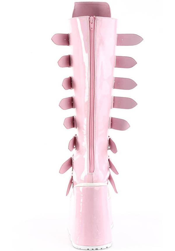 PREORDER - Demonia Baby Pink Holographic Swing-815 Platform Knee High Boots for Fashion Lovers