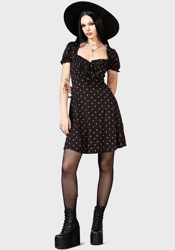 Poisonpie Mini Dress with Mushroom Print and Adjustable Neckline