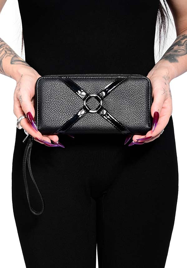Large and Stylish Foxblood Textured Black PU Bondage Wallet with O - Ring
