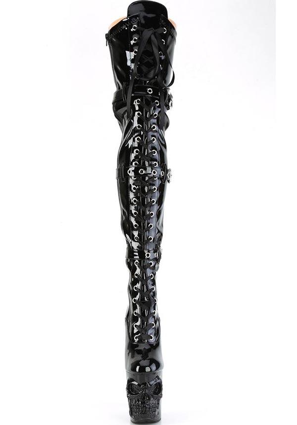 PREORDER - RAPTURE-3028 Black Patent Platform Heels, Lace-Up Front Thigh High Boots