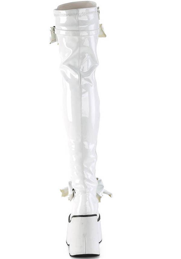 PREORDER - Demonia KERA-303 White Patent Platform Thigh High D-Ring Lace-Up Boots