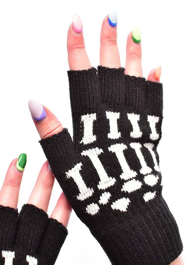 POIZEN INDUSTRIES Black and White Fingerless X-Ray Design Gloves for a Creepy Look