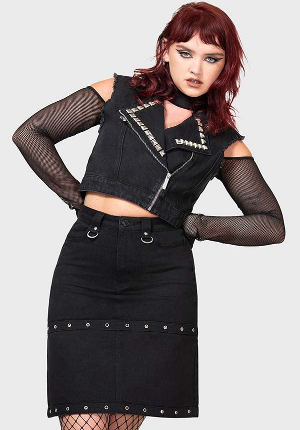 Punktured Denim Knee-Length Studded Fitted Skirt